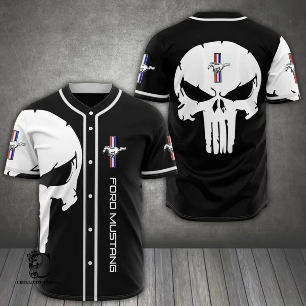 White Black Mustang Skull Baseball Jersey: Edgy Style for Sports Enthusiasts