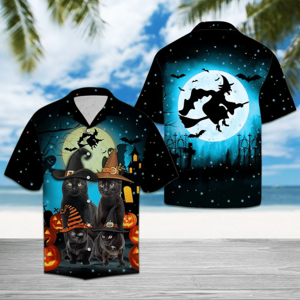 Spooky Wizard Black Cat Hawaiian Shirt: Perfect Halloween Attire