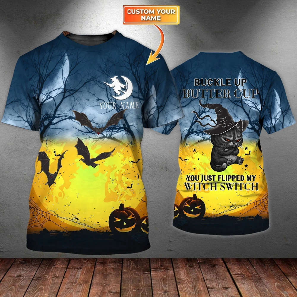Customized Name 3D Halloween Shirt, Halloween Buckle Up Butter Cup Tshirt, Witch Black Cat Shirts