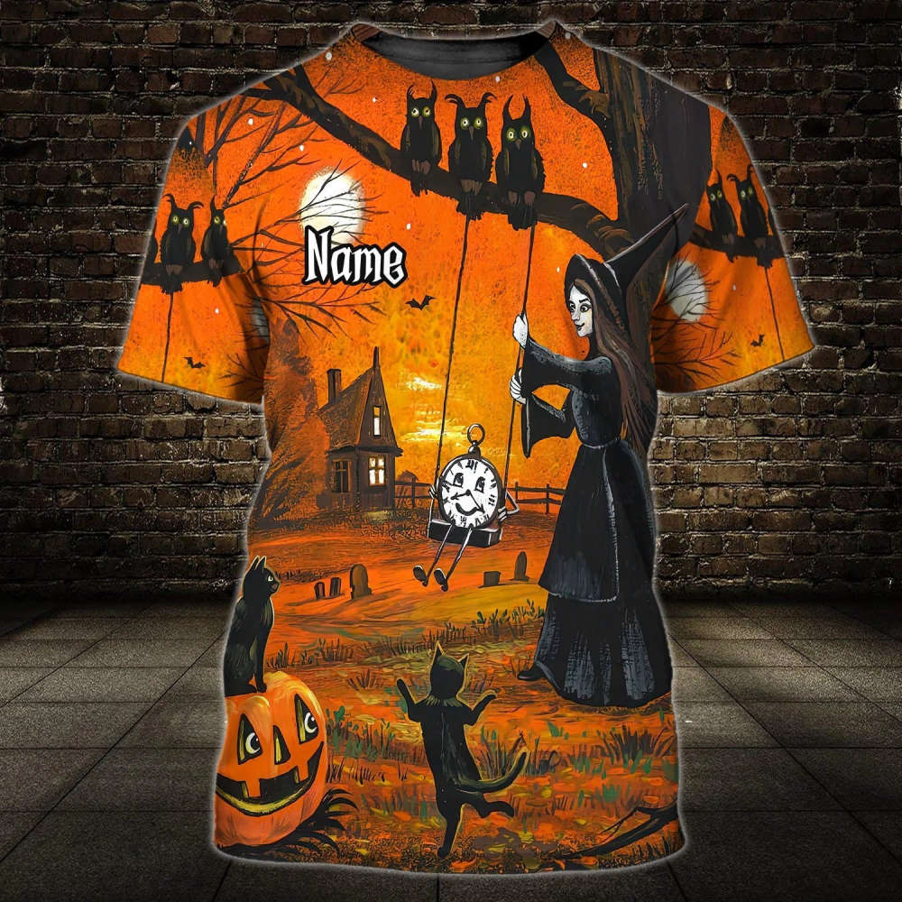 Custom Funny Halloween Shirt, Black Cat Dancing Witch 3D Tshirt, Unisex Halloween Shirts
