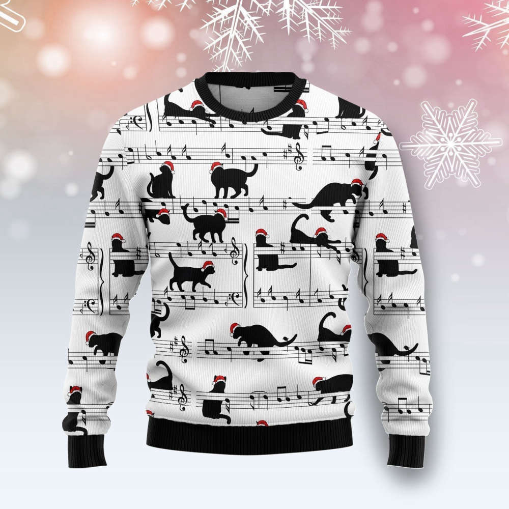 Get Festive with Black Cat Christmas Music Ugly Sweater!