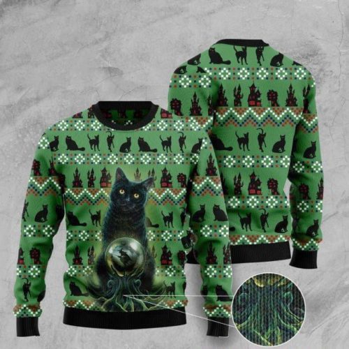 Spooktacular Black Cat Halloween Ugly Christmas Sweater – Perfect for Festive Frights!