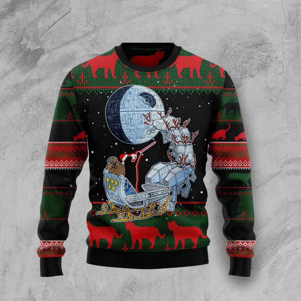 Black Cat Sleigh to Death Star Ugly Christmas Sweater – Festive and Galactic Fun!