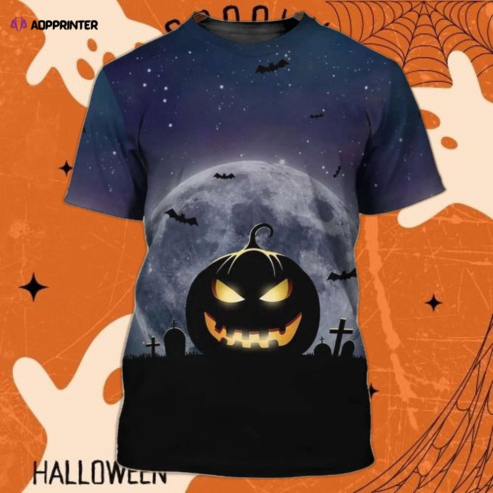 3D Sublimation Pumpkin Angry Halloween Shirt, Bat Flying Grave Night Halloween Tee Shirts