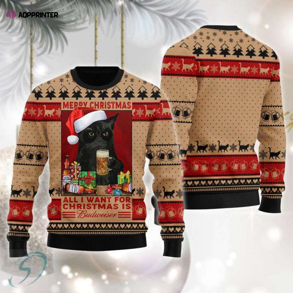 Black Cat Drinking Budweiser Beer Ugly Christmas Sweater