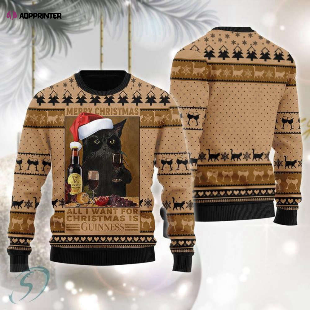 Black Cat Drinking Guinness Beer Ugly Christmas Sweater