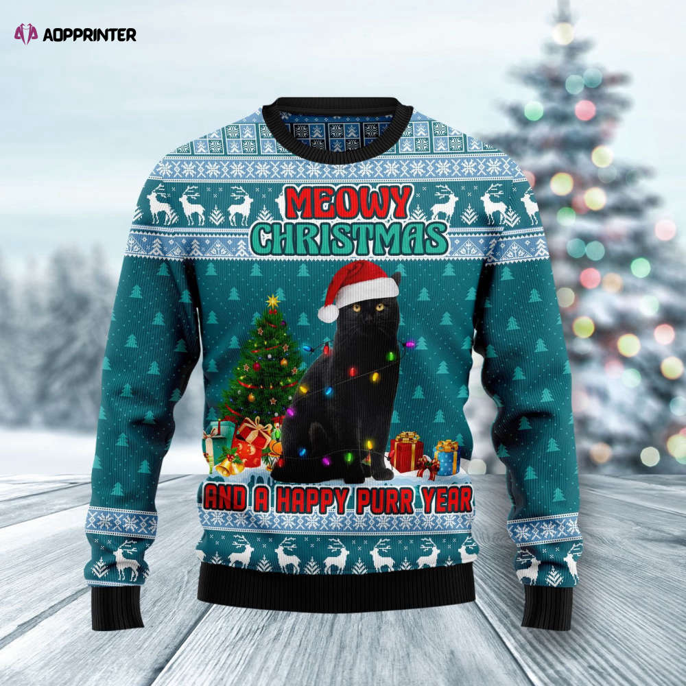 Black Cat Meowy Christmas & Happy Purr Year Ugly Sweater: Festive Feline Holiday Apparel