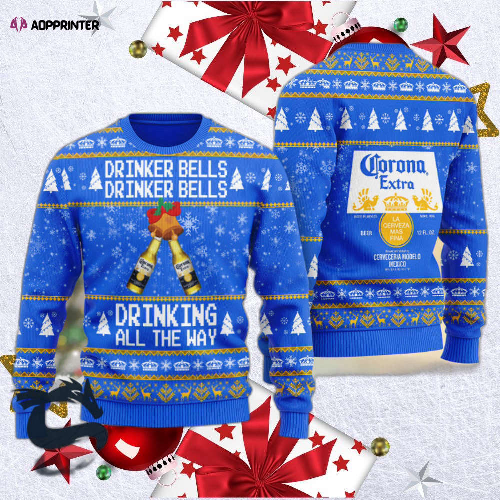 Corona Beer Drinker Bells Drinking All The Way Ugly Christmas Sweater