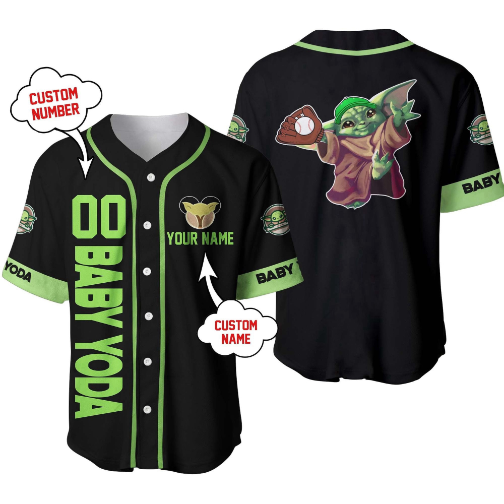 Custom Baby Yoda Baseball Jersey – Personalized Black & Green Gear