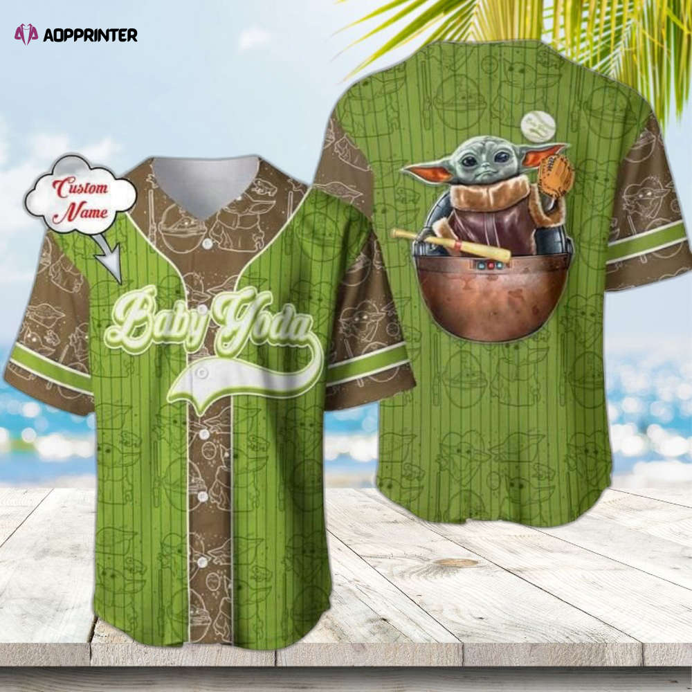 Custom Disney Baby Yoda Baseball Jersey – Brown Navy Green Patterns Unique & Adorable Design