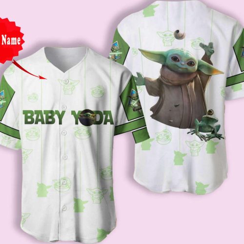 Custom Green Baby Yoda Baseball Jersey: Adorable Cartoon Design