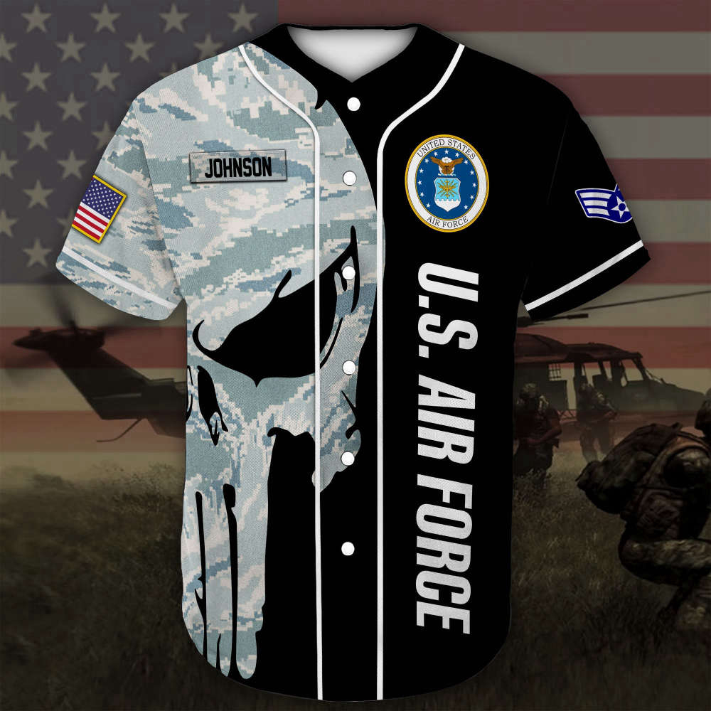 Custom Name Rank US Air Force Skull Camo Baseball Jersey Colorful Full Size