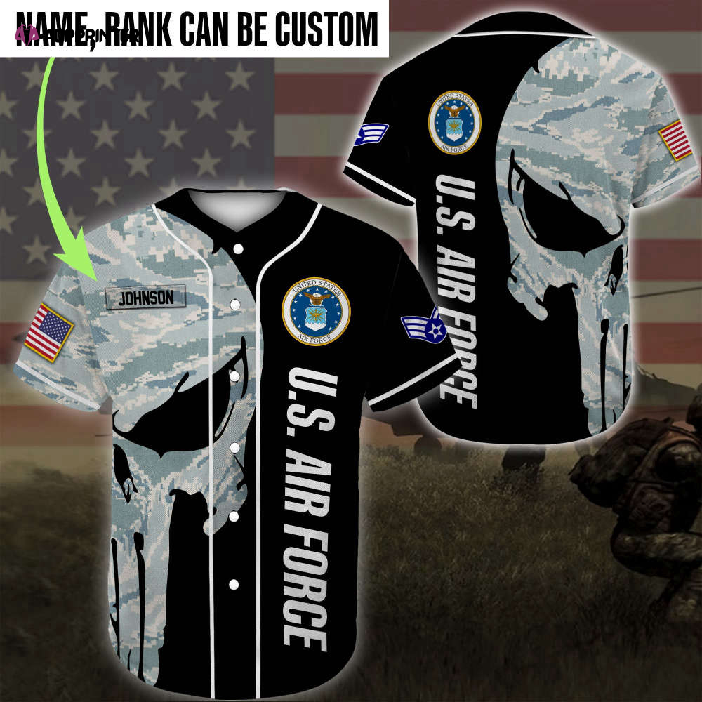 Custom Name Rank US Air Force Skull Camo Baseball Jersey Colorful Full Size