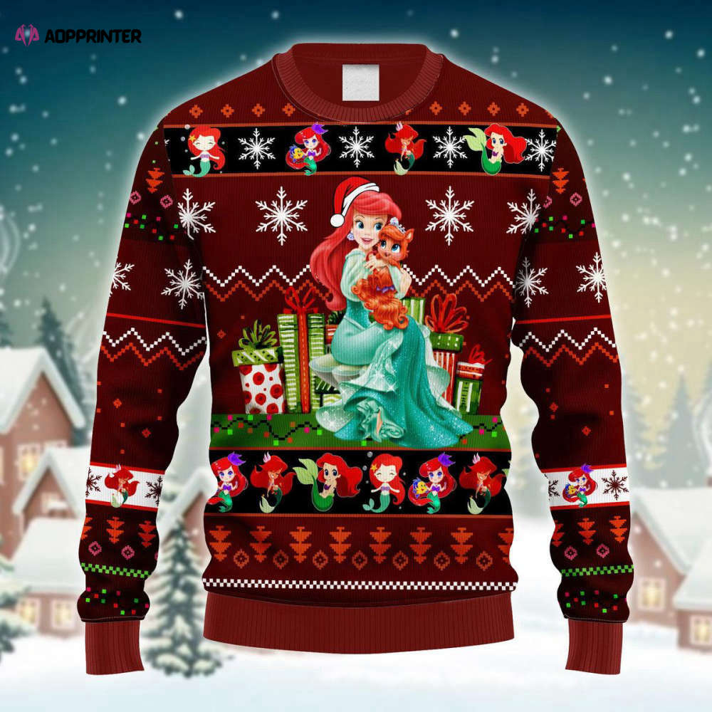 Get Festive with our Xmas Little Ariel Mermaid Ugly Sweater in Red Brown