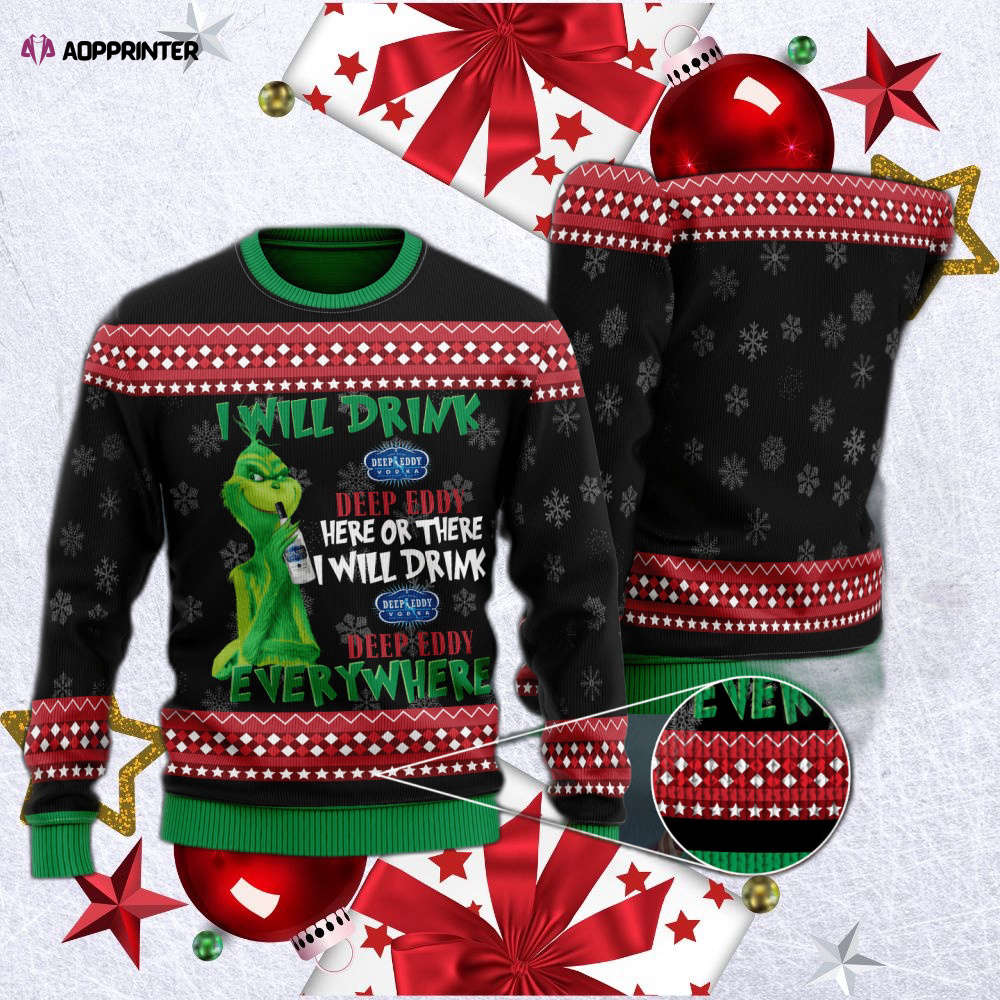 Grinch Ugly Christmas Sweater Hoodie: Deep Eddy Vodka All Over Print