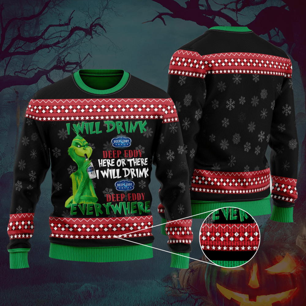 Grinch Ugly Christmas Sweater Hoodie: Deep Eddy Vodka All Over Print