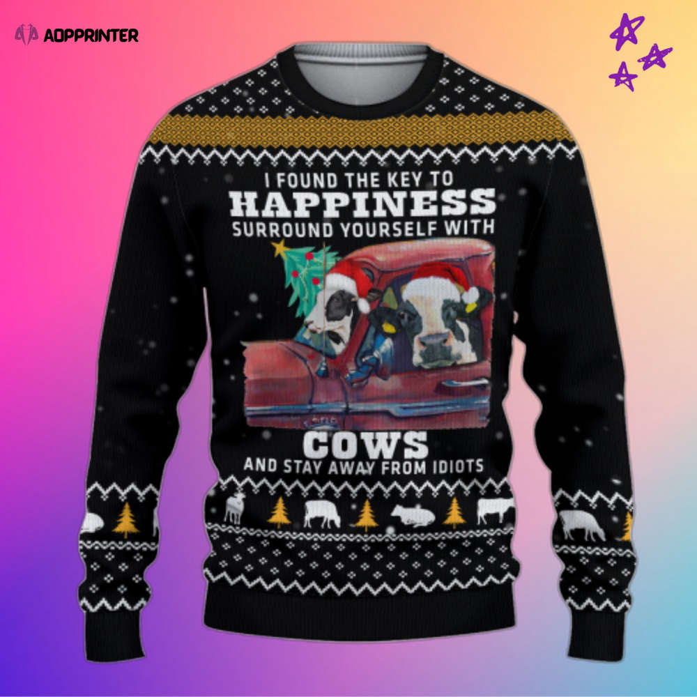 Cow-Themed Ugly Christmas Sweater: The Key to Happiness! Stay Clear of Idiots!