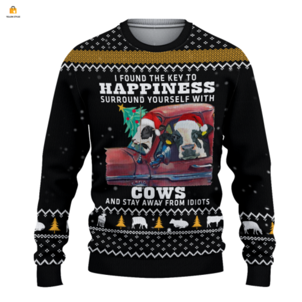 Cow-Themed Ugly Christmas Sweater: The Key to Happiness! Stay Clear of Idiots!