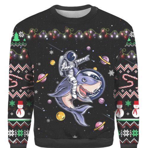 Space Shark Ugly Christmas Sweater: Funny Astronauts in Hilarious Adventure!