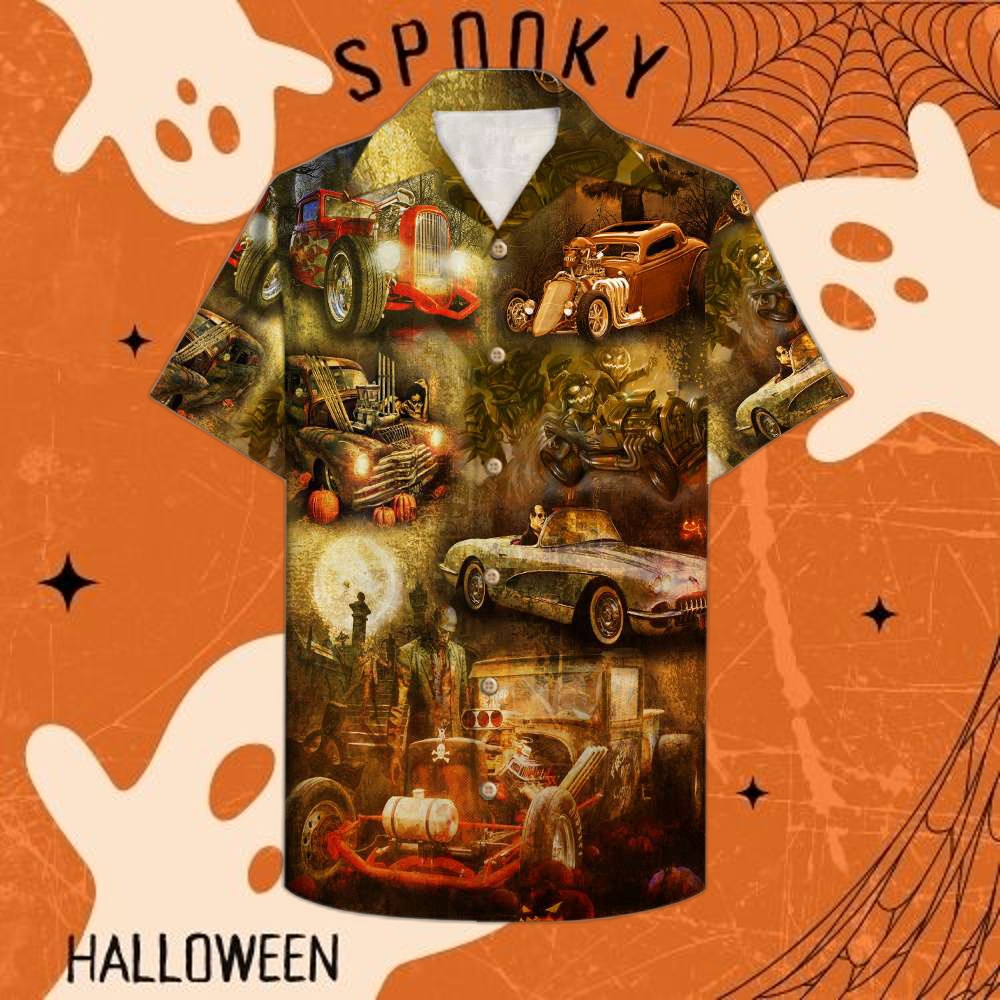 Spooky Halloween Hot Rod Hawaiian Shirt for Pumpkin Racing