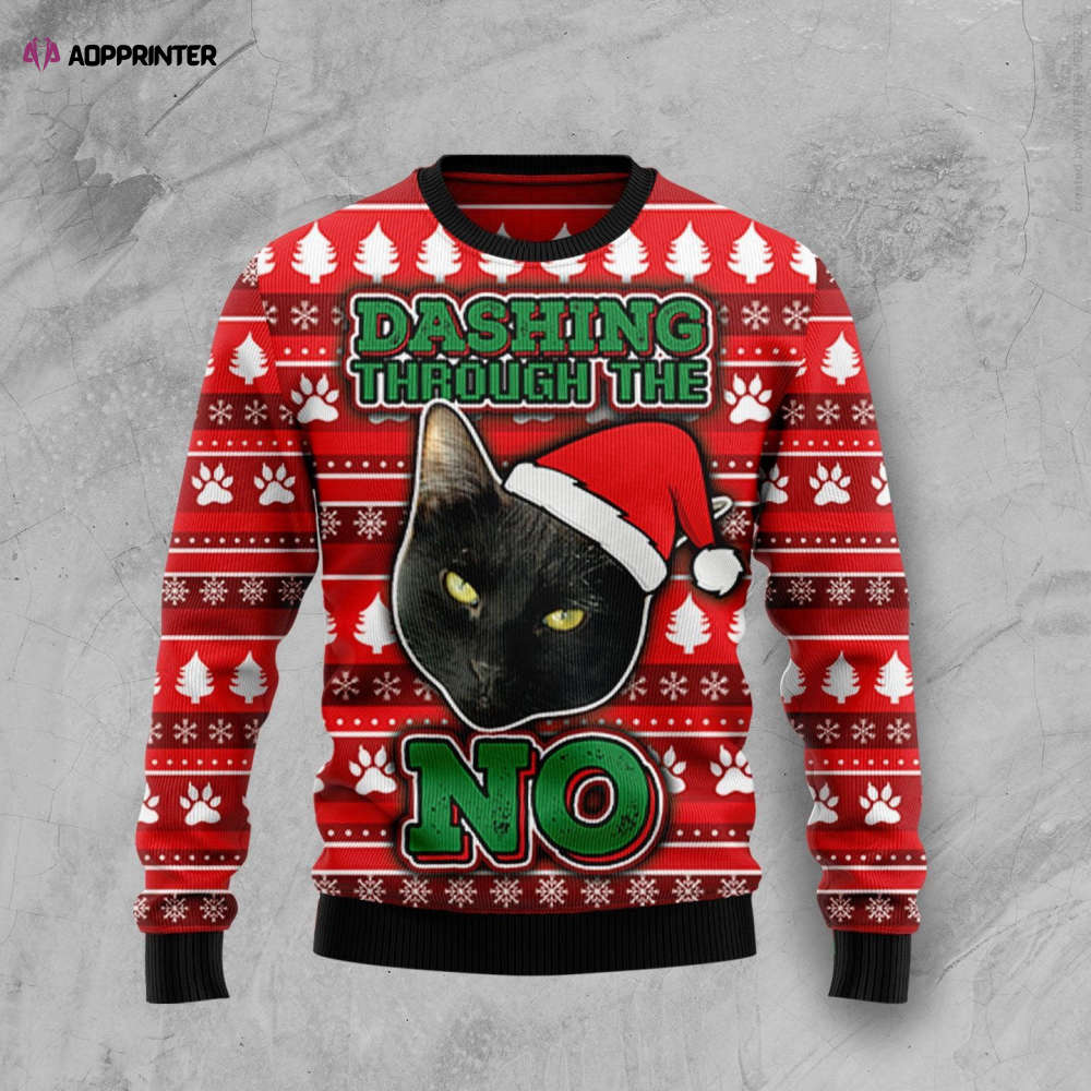 Stylish Black Cat Dashing Through No Christmas Sweater – Unique Holiday Fashion