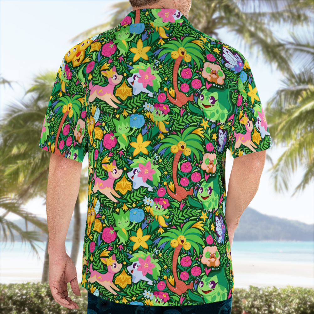 Tropical Green Pokemon Hawaiian Shirt: Stylish & Vibrant Summer Wear