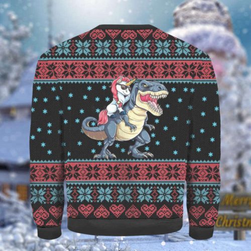 Unicorn Riding Dinosaur To Christmas Town Ugly Sweater