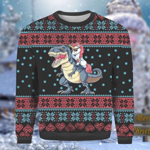 Unicorn Riding Dinosaur To Christmas Town Ugly Sweater