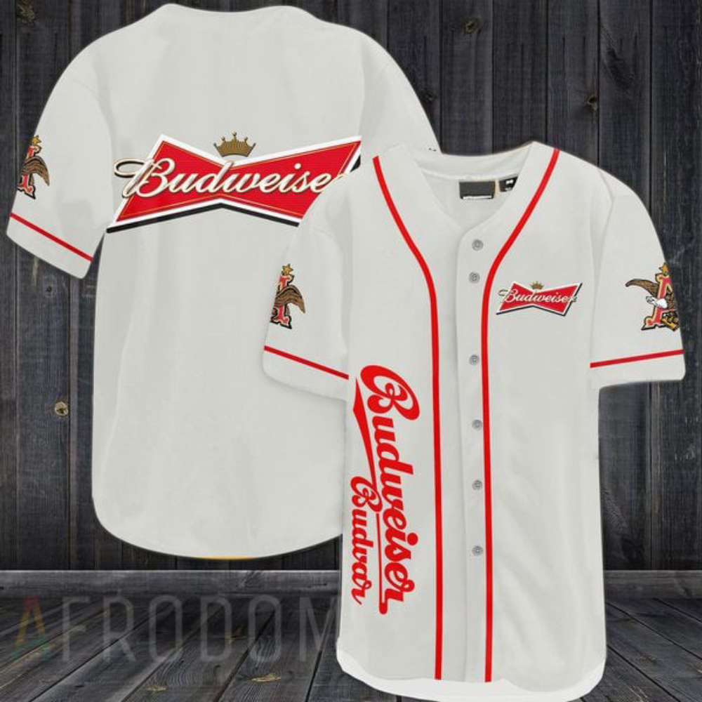 Stylish White Budweiser Beer Baseball Jersey – Perfect for Fans and Collectors