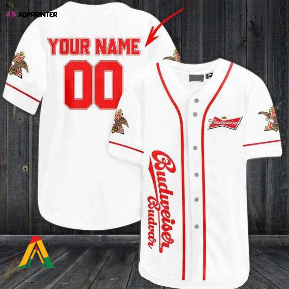 Custom White Budweiser Beer Baseball Jersey: Personalized Style for Beer Enthusiasts
