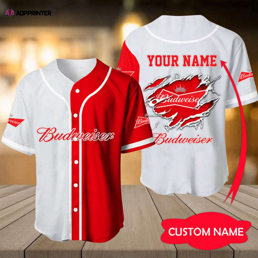 Custom White & Red Budweiser Baseball Jersey – Personalized Sports Apparel