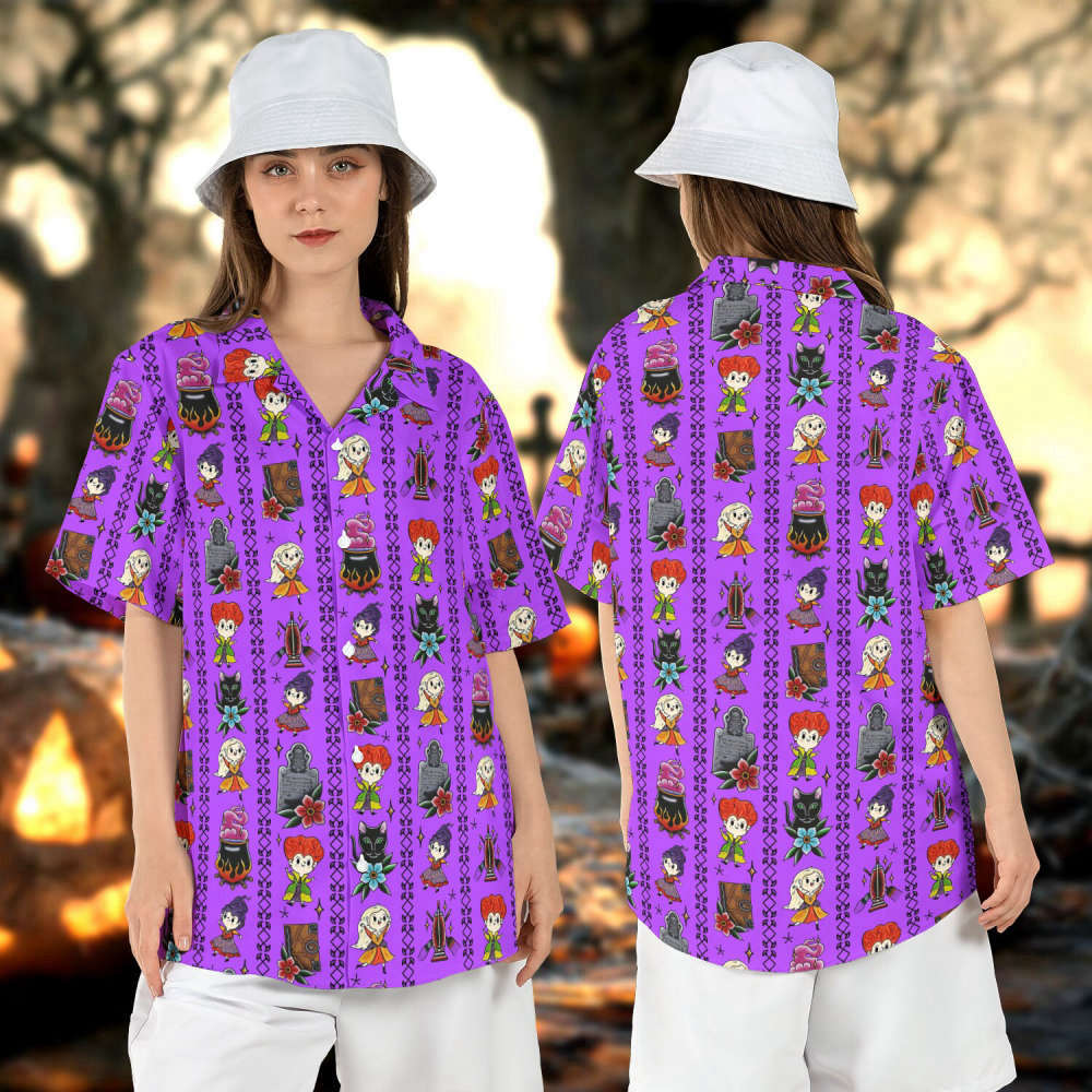 Halloween Hocus Pocus Cartoon Style Hawaiian Shirt – Sanderson Sisters Button Shirt Witch Aloha & Binx Hawaii
