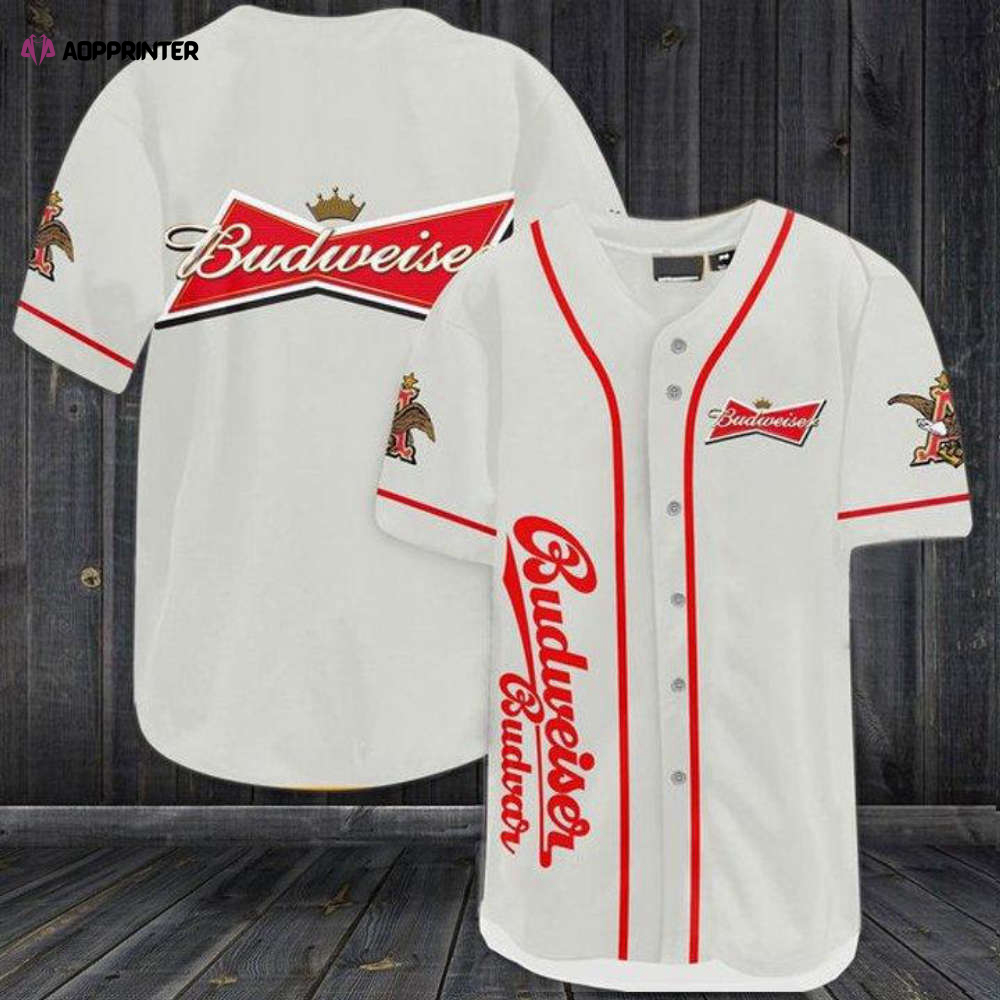 Stylish White Budweiser Beer Baseball Jersey – Perfect for Sports Fans