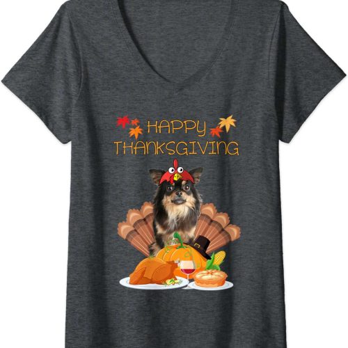 Womens Happy Thanksgiving Day Chihuahua Gifts Dog Funny Turkey V-Neck T-Shirt