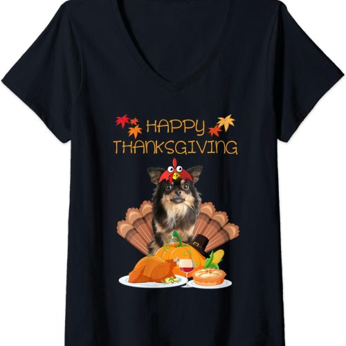 Womens Happy Thanksgiving Day Chihuahua Gifts Dog Funny Turkey V-Neck T-Shirt
