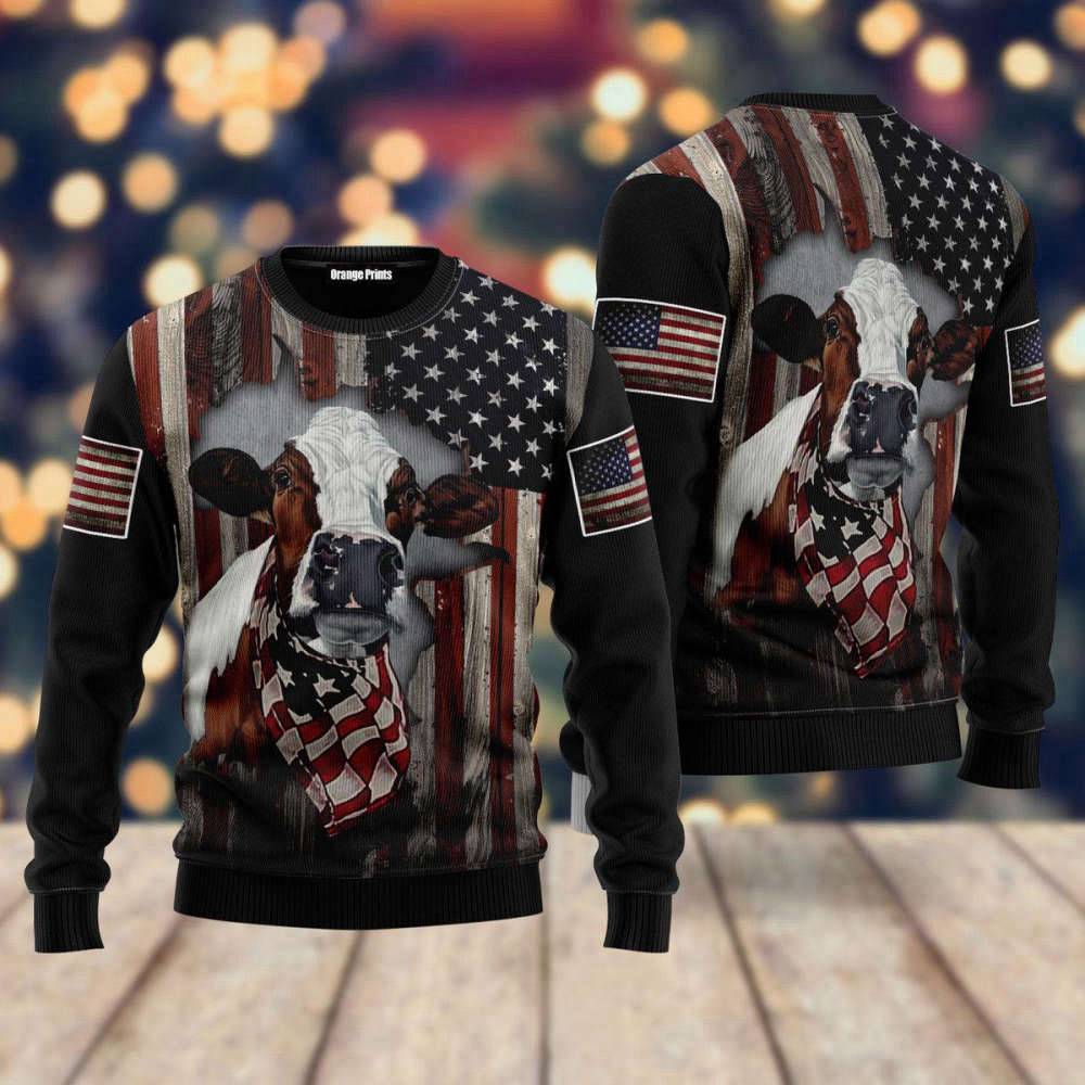 American Flag Patriotic Ugly Christmas Sweater for Men & Women – Cow Design