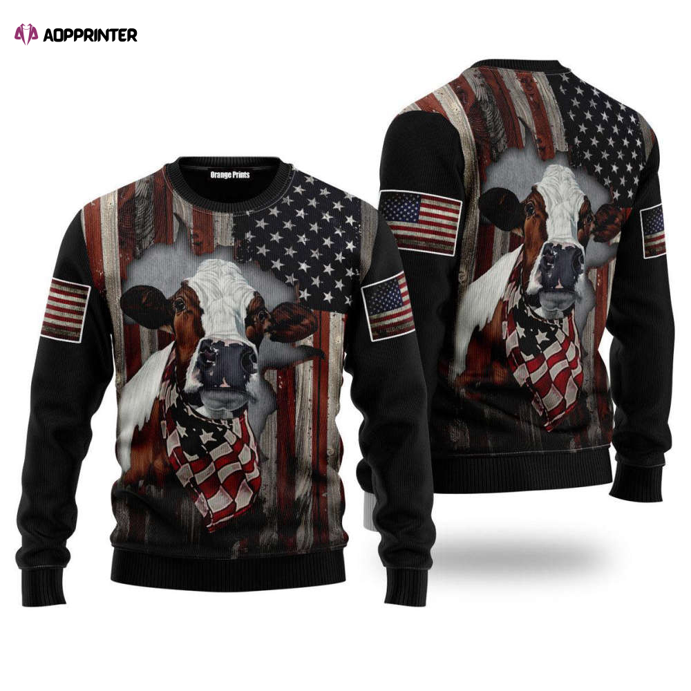 American Flag Patriotic Ugly Christmas Sweater for Men & Women – Cow Design