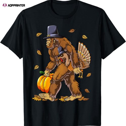 Bigfoot Pilgrim Turkey Pumpkin Thanksgiving Day Boys Men T-Shirt