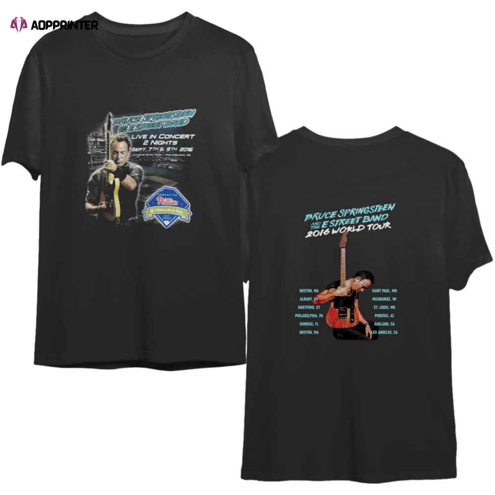 Bruce Springsteen and the E Street Band 2016 World Tour shirt. Citizens Bank, Double sided with Cities.
