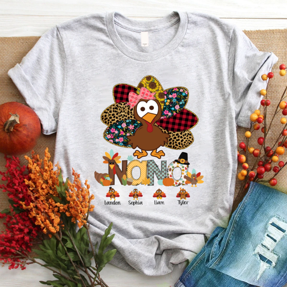 Chillever Personalized Nana Thanksgiving Turkey Floral Leopard T-Shirt