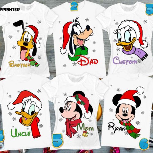 Disney Christmas Mickey Minnie Donald Daisy Goofy Pluto Characters Personalized New Year Party Family T-Shirt