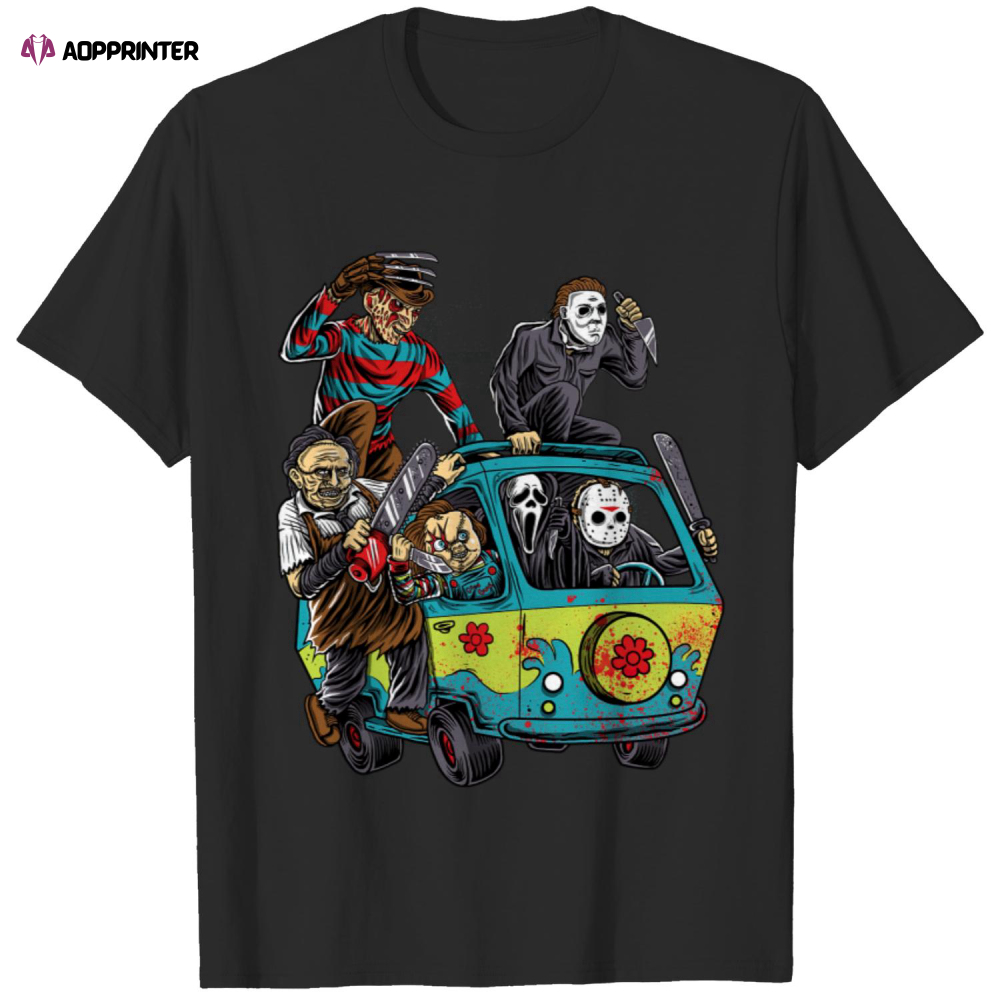 Funny Scooby Doo Van Halloween T-Shirt, Freddy Krueger Shirt, Jason Voorhees Shirt, Michael Myers Shirt, Leather Face Shirt, Ghostface Shirt