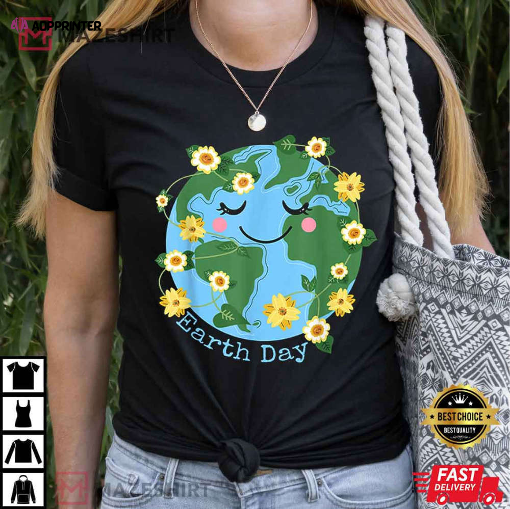 Happy Earth Day Cute Earth With Floral Earth Day 2023 T-Shirt