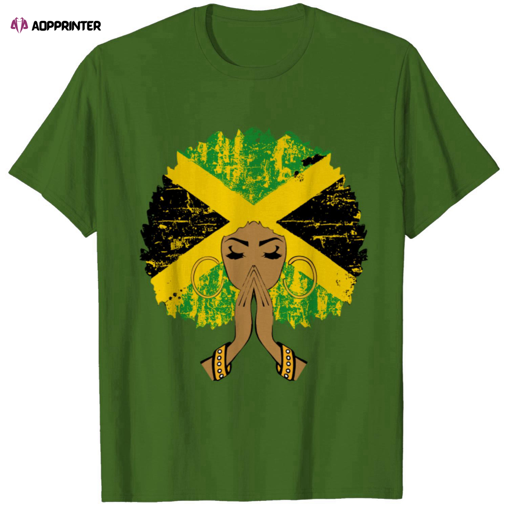 Jamaican Flag Black Woman Melanin Queen Afro Gift T-Shirt