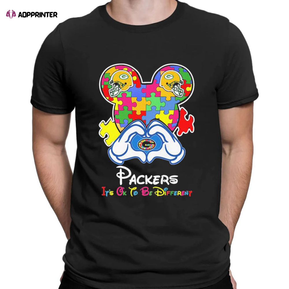 Mickey Mouse Love Green Bay Packers Autism Its Ok To Be Different T-shirt