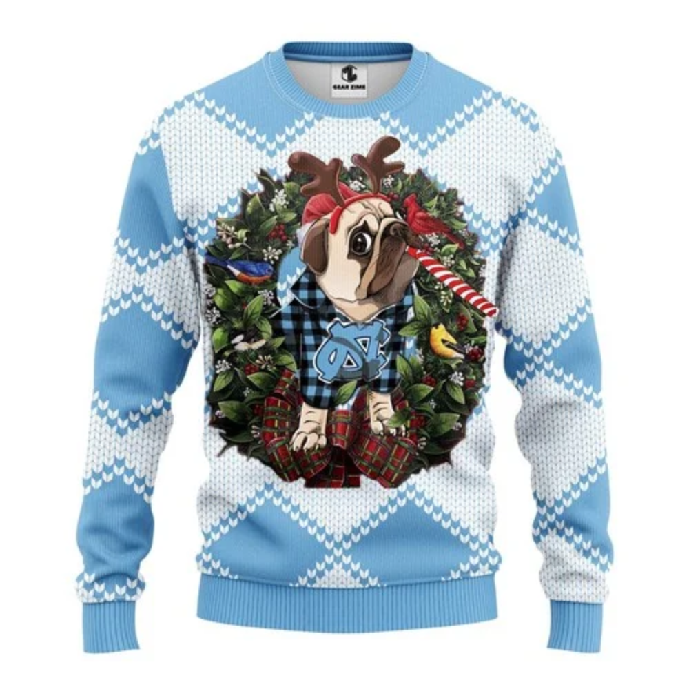 Ncaa North Carolina Tar Heels Pug Dog Ugly Christmas Sweater For Men & Women Adult US4351