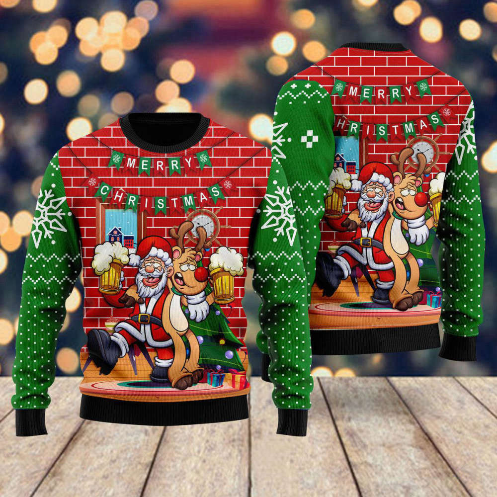 Oktoberfest Funny Santa Ugly Christmas Sweater – Drink Beer With Reindeer – Men & Women