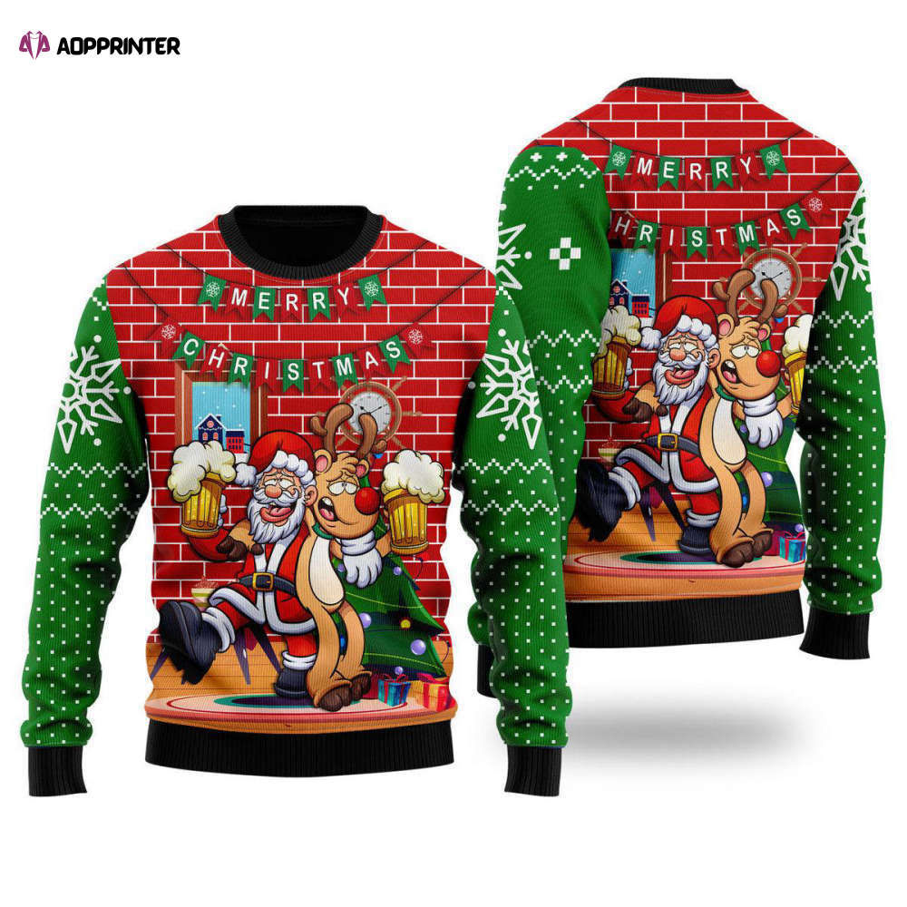 Oktoberfest Funny Santa Ugly Christmas Sweater – Drink Beer With Reindeer – Men & Women