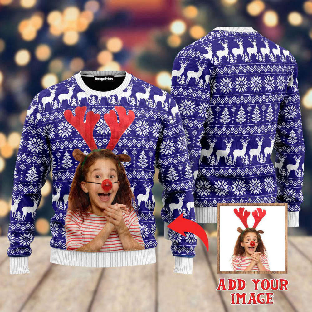Personalized Reindeer Xmas Sweaters for Men & Women – Custom Photo UP1010