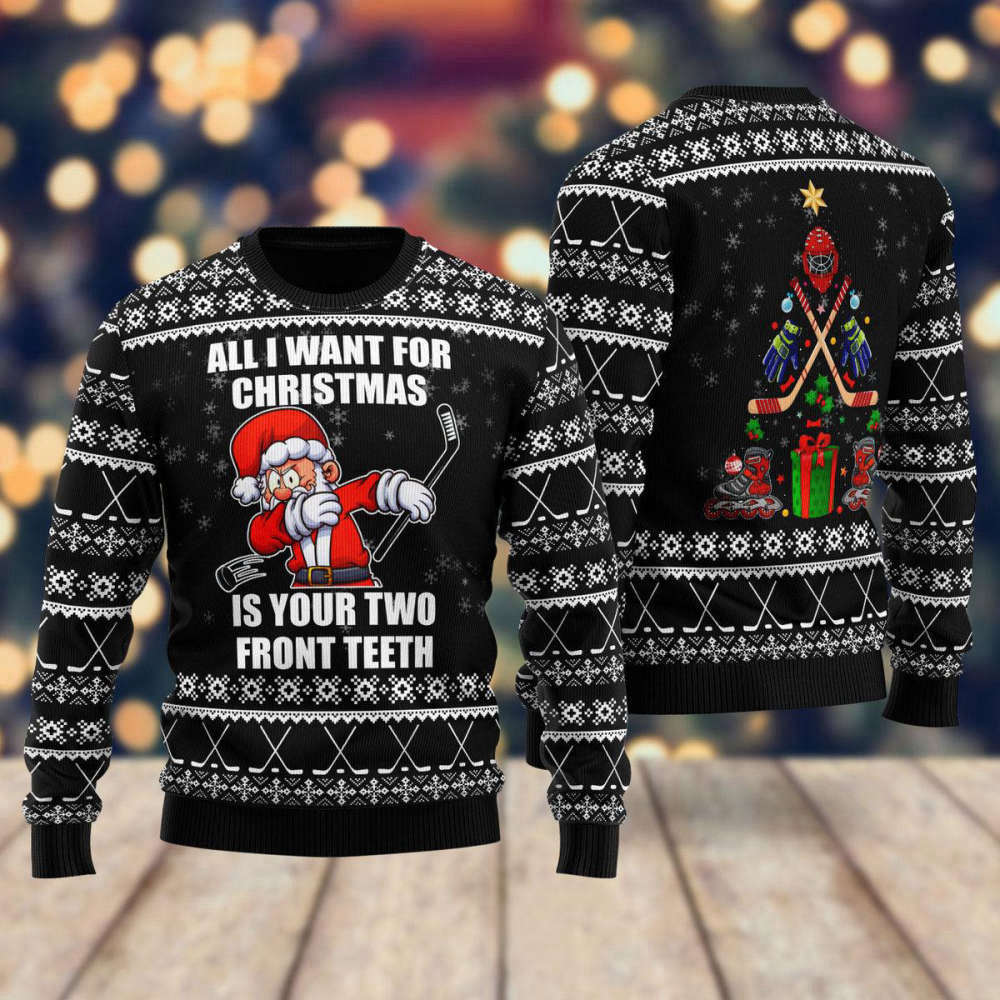 Santa Hockey Ugly Christmas Sweater – All I Want For Christmas – Men & Women – UH1512